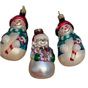 3 Vtg Hand Blown Glass Snowman Ornaments Colorful Christmas Holiday Candy Canes